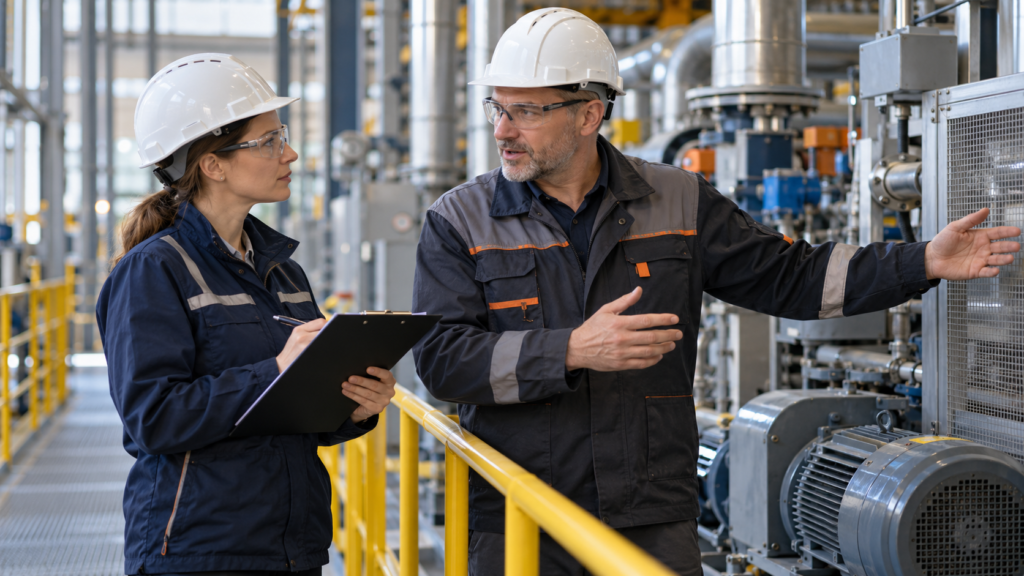 Audytorka rozmawiająca z pracownikiem zakładu podczas audytu systemu zarządzania energią