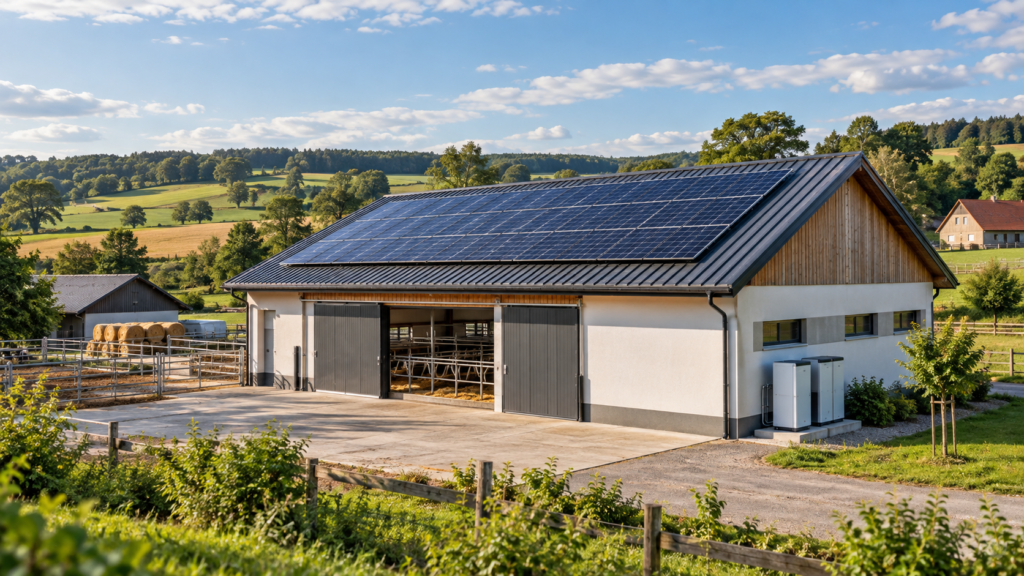 Budynek gospodarstwa rolnego z instalacją fotowoltaiczną na dachu i magazynem energii
