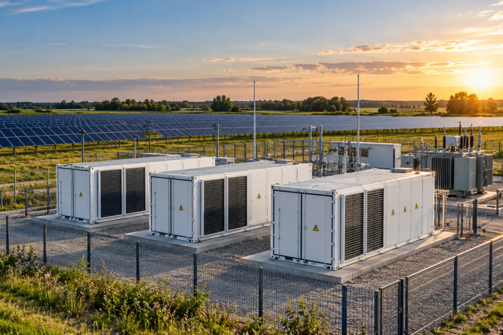 Kontenerowy magazyn energii elektrycznej przy farmie fotowoltaicznej – wizualizacja