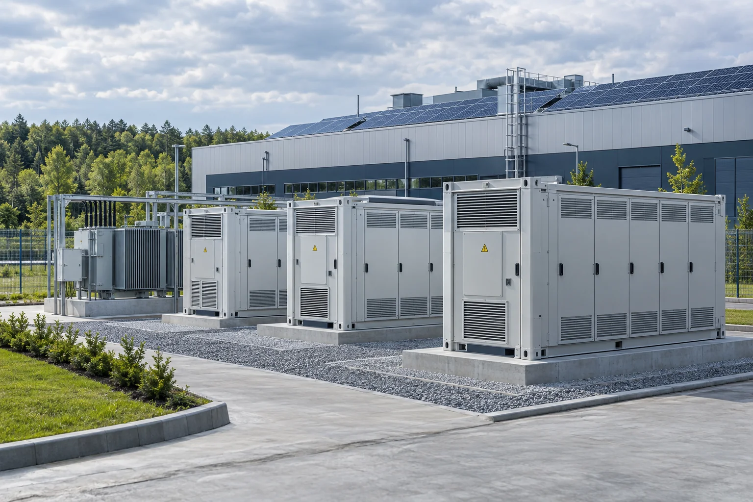 Przemysłowe magazyny energii przy fabryce z fotowoltaiką – wizualizacja AI