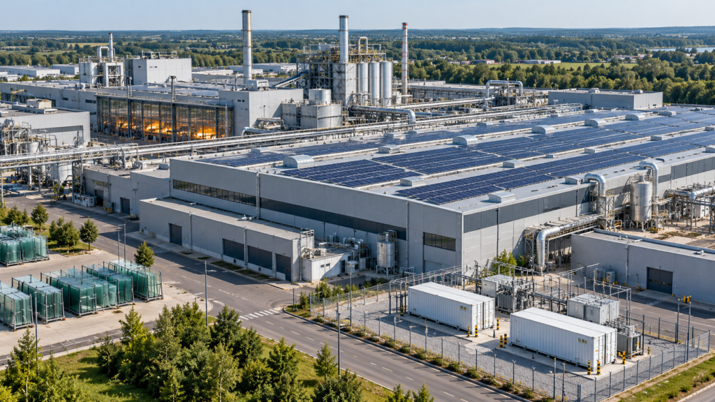 Zakład przemysłowy z instalacją fotowoltaiczną na dachach i magazynem energii