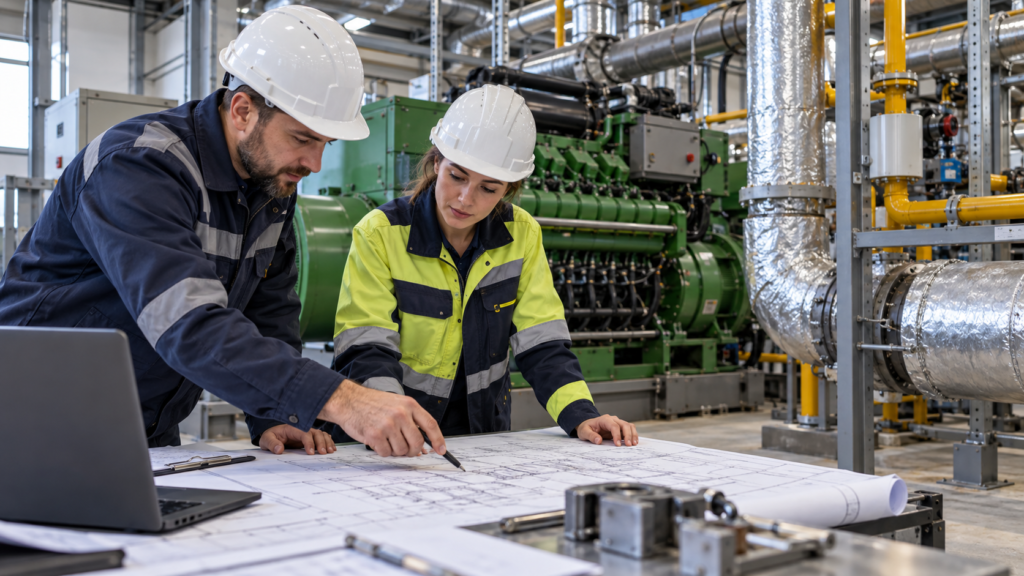 Inżynierowie analizują dokumentację techniczną przy agregacie kogeneracyjnym